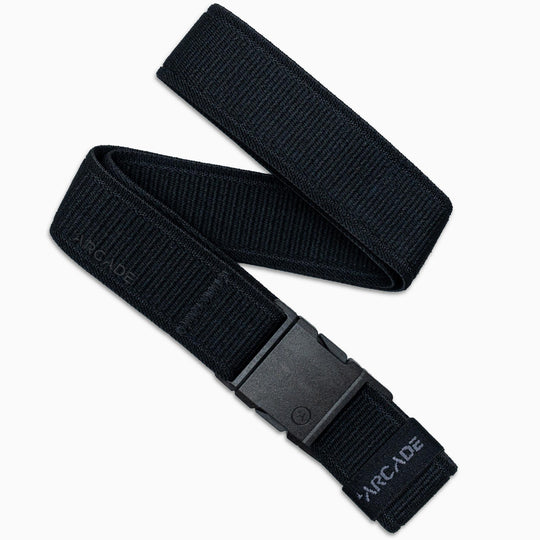 A black Atlas belt by Arcade Belts, neatly folded with a low-profile black plastic buckle. ARCADE is subtly printed near the buckle, reflecting the classic style of Arcade Belts.