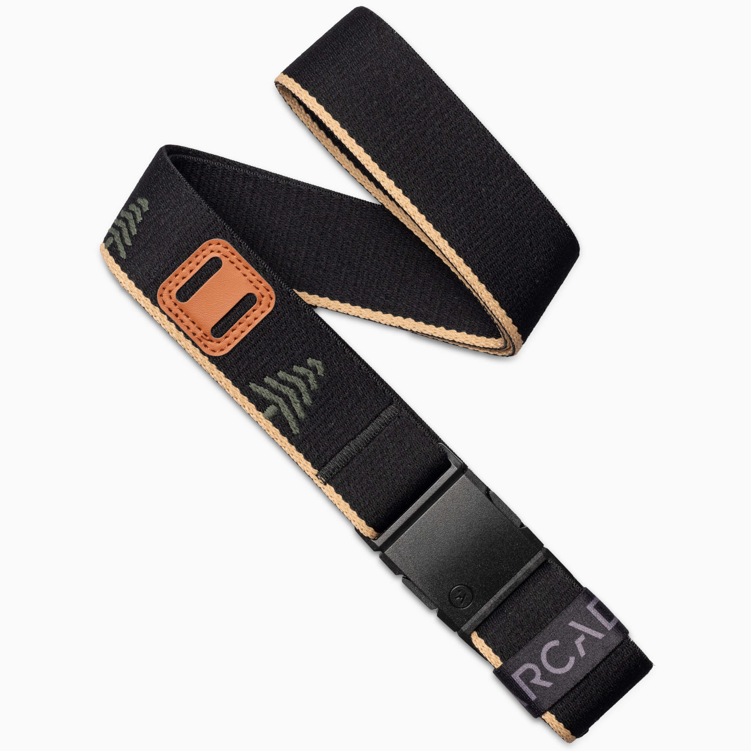 The Arcade Belts Blackwood in Black Sand features an adjustable fabric design, A2 buckle, tan edge stitching, brown accent with green details, and a visible ARCAD logo tag.