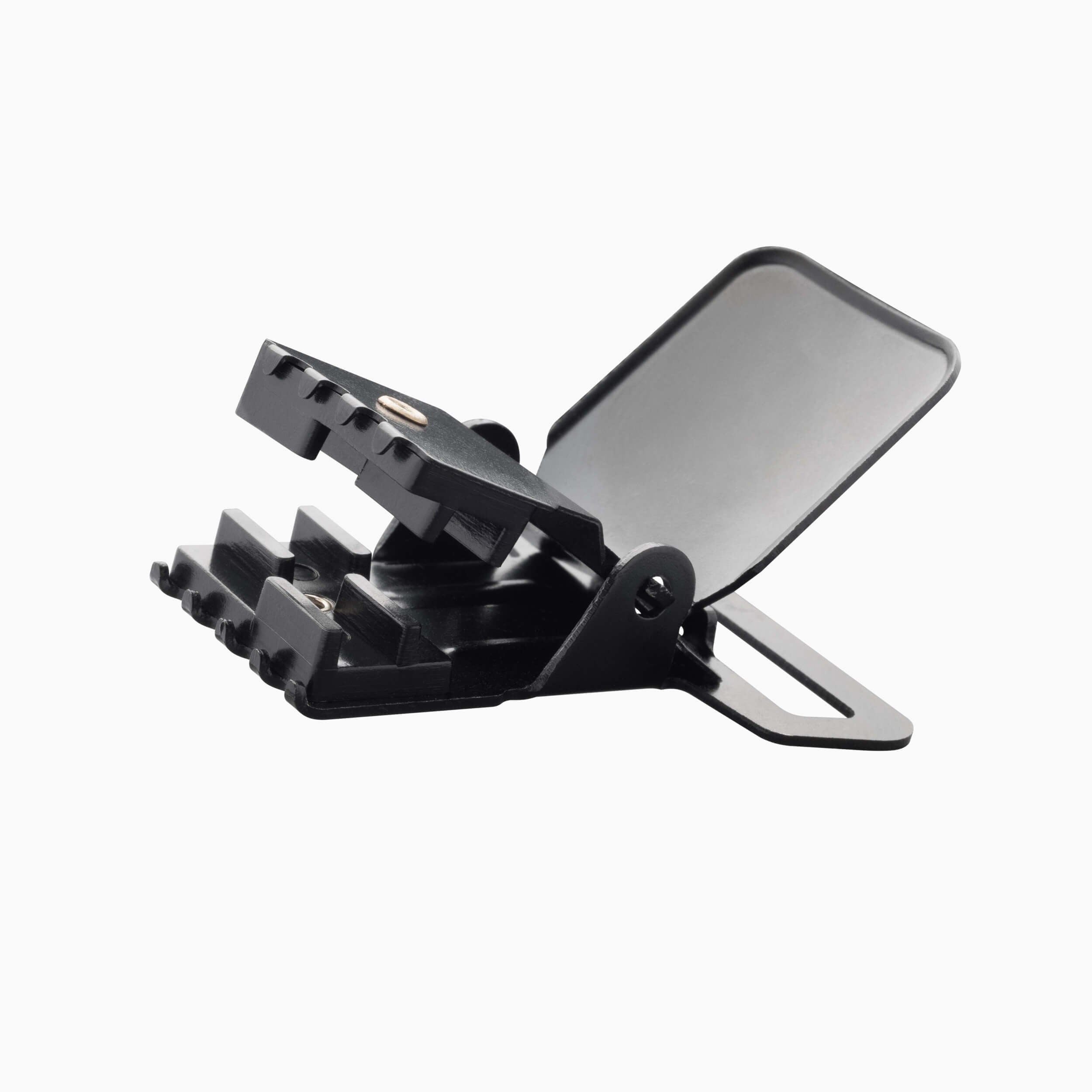 The Jessup by Arcade Belts is a black plastic clamp with a serrated grip, hinged lid, and flat rectangular handle—perfect for securing travel or arcade belts—shown against a white background.