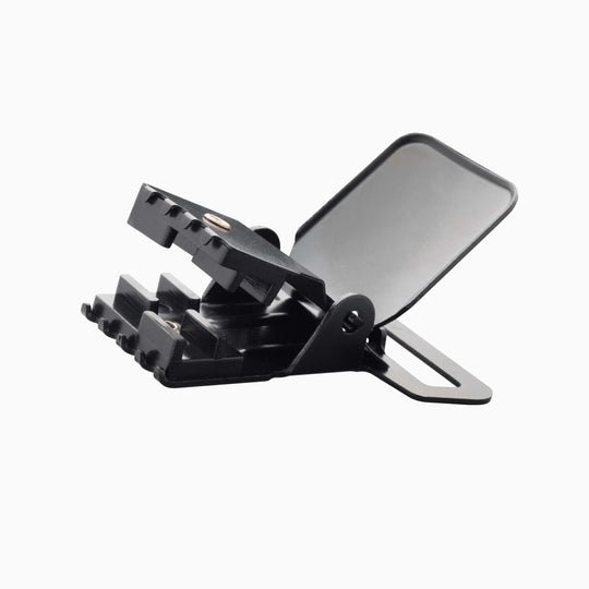 The Jessup by Arcade Belts is a black plastic clamp with a serrated grip, hinged lid, and flat rectangular handle—perfect for securing travel or arcade belts—shown against a white background.