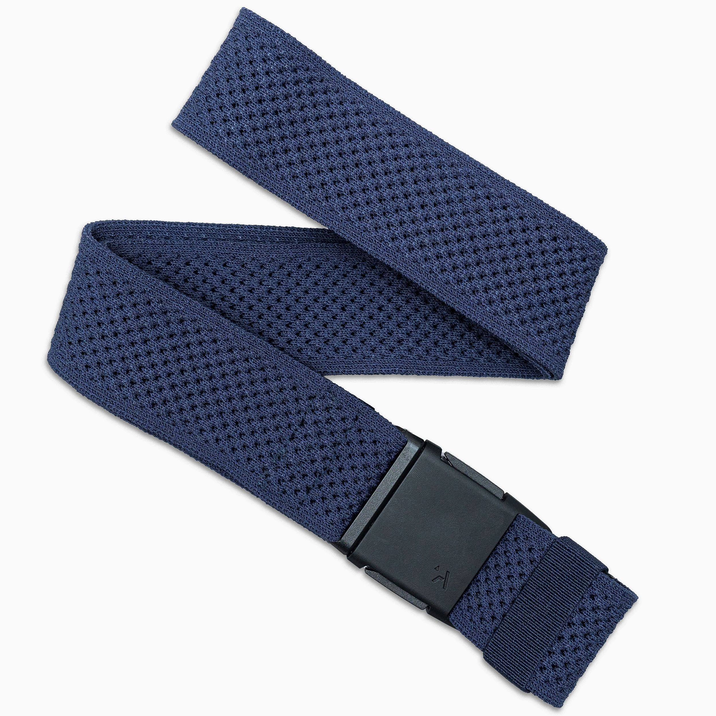 The Momentum belt by Arcade Belts features comfortable, flexible navy blue webbing with a textured, perforated design and a rectangular black buckle, displayed on a white background.