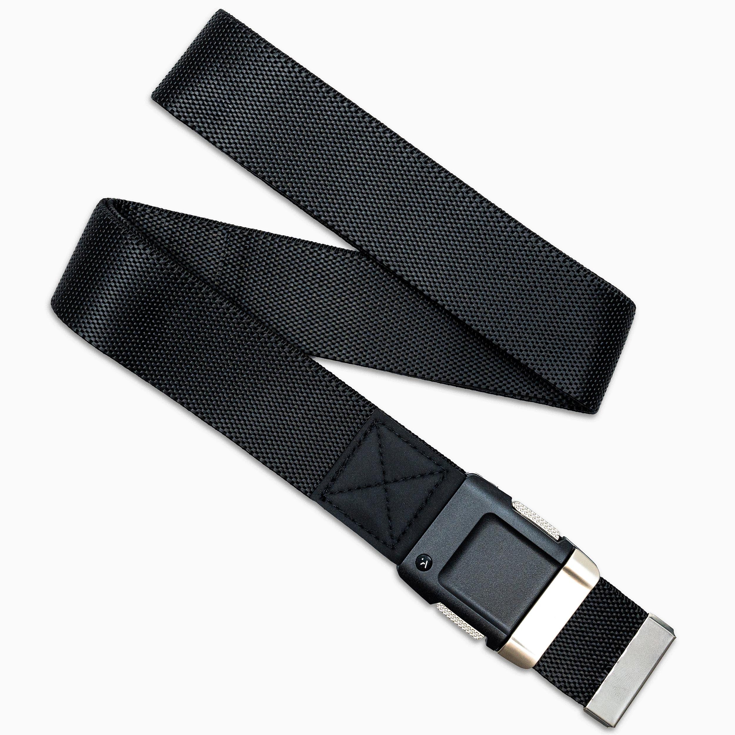 The Arcade Belts Motion is a black stretch webbing low-profile belt with a silver metal tip and a rectangular black metal buckle, shown on a white background.