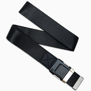 The Arcade Belts Motion is a black stretch webbing low-profile belt with a silver metal tip and a rectangular black metal buckle, shown on a white background.