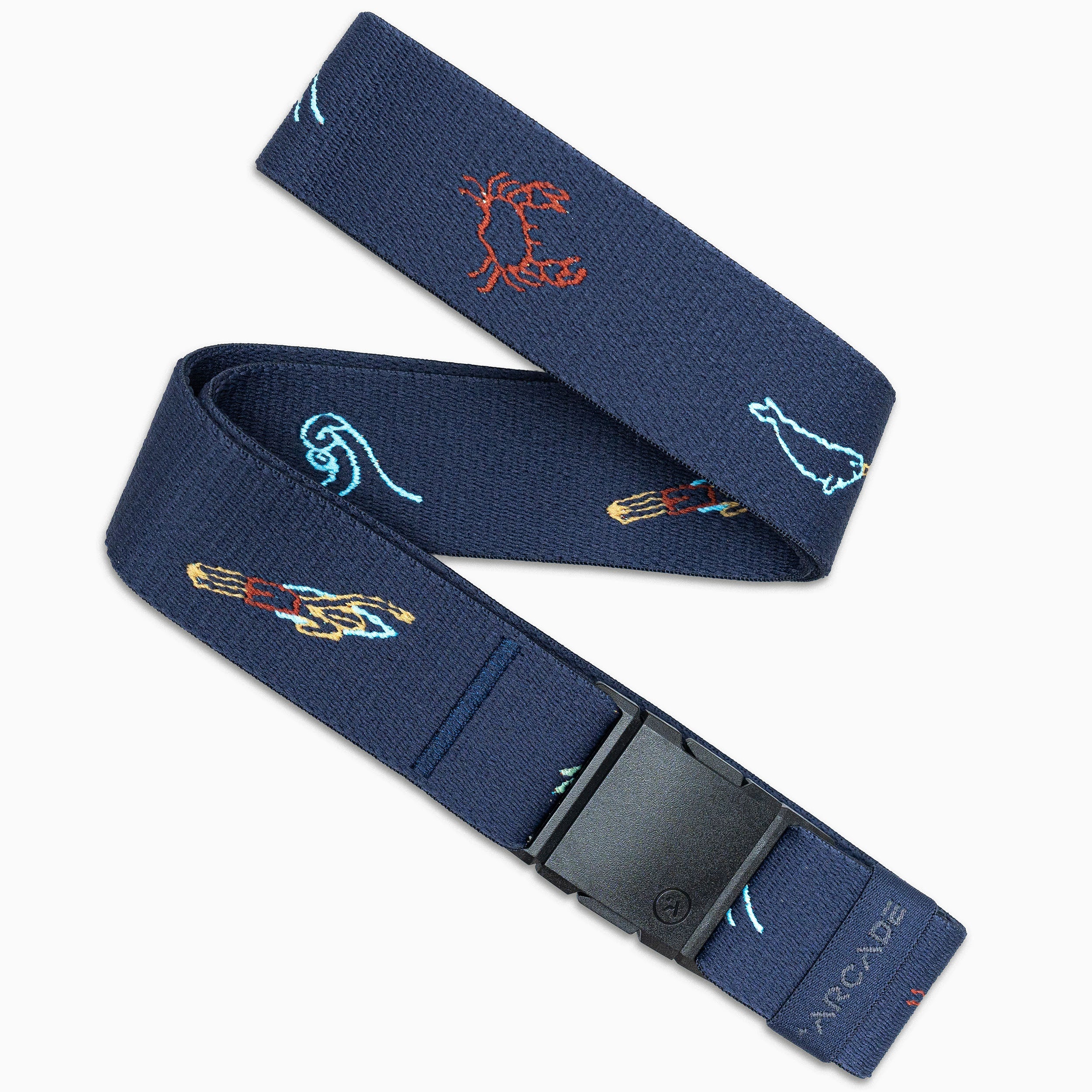 The Save the Waves elastic stretch belt by Arcade Belts features a navy blue color, embroidered sea creatures and colorful waves, a black plastic buckle, and the brand name "ARCADE" near the low-profile buckle.